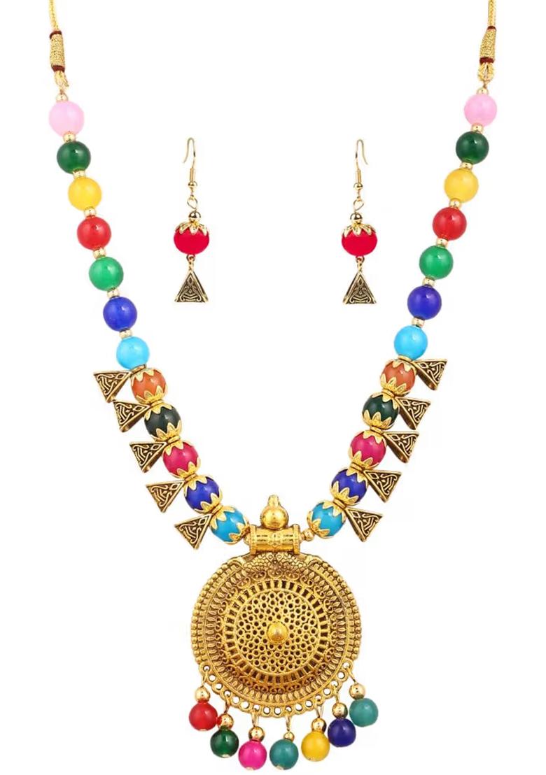 Multicolor Gold Round Pendant Triangle Necklace