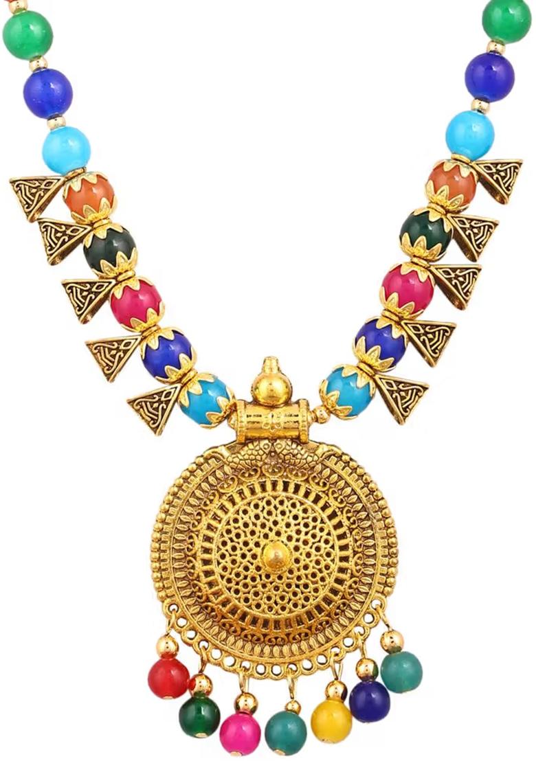 Multicolor Gold Round Pendant Triangle Necklace