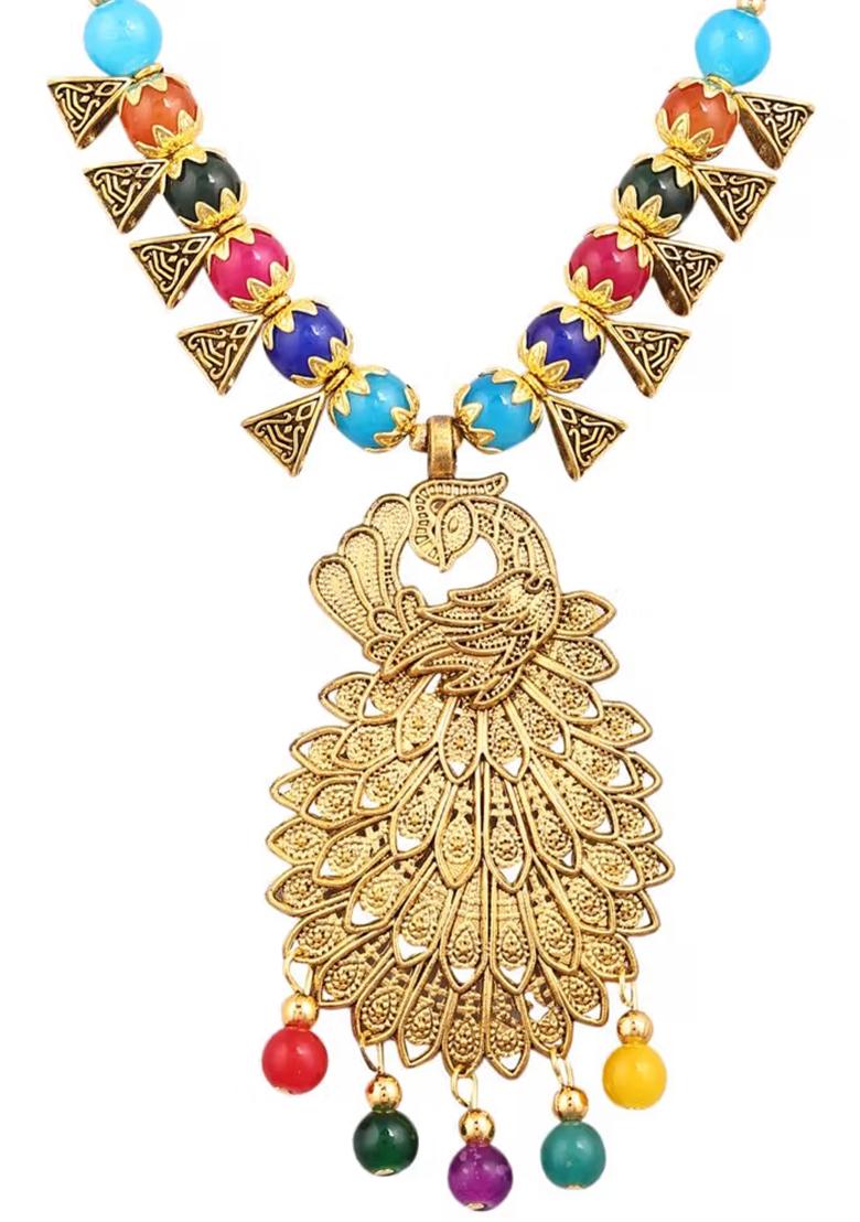 Multi Triangle Golden Peacock Pendant Necklace