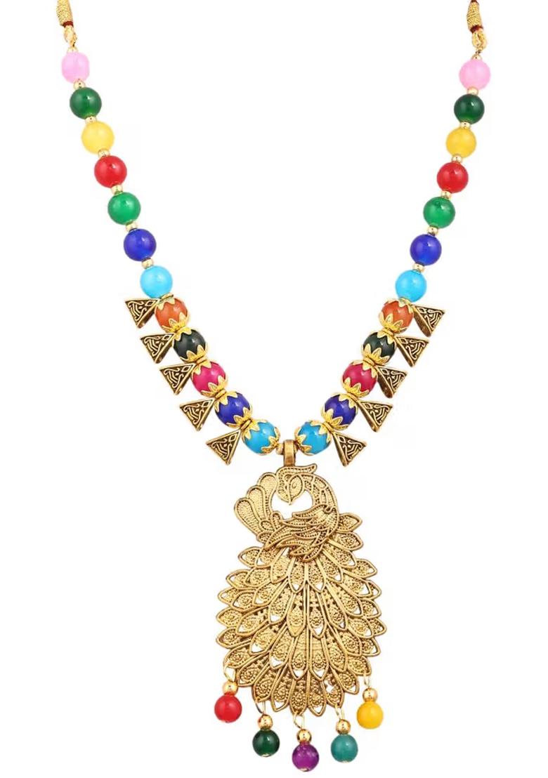 Multi Triangle Golden Peacock Pendant Necklace