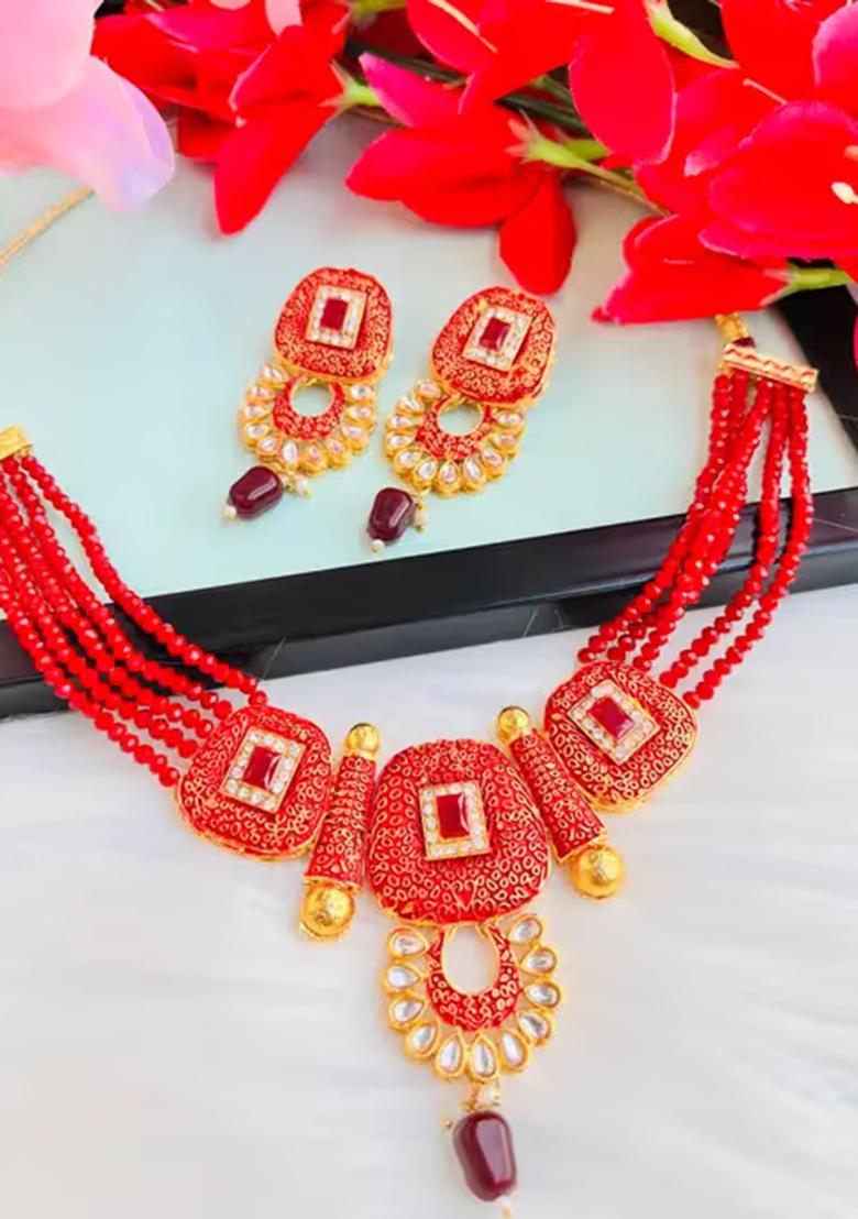 Red Square Beads Lakh Choker Set