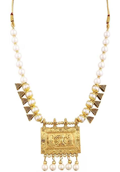 White And Golden Triangle Beads Rectangle Pendant Necklace Set