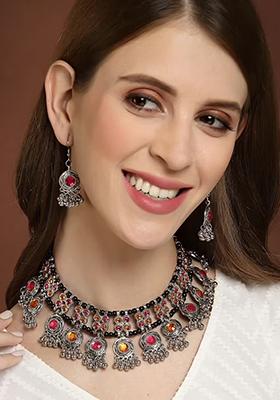 Pink Orange Round Bindi Choker Set