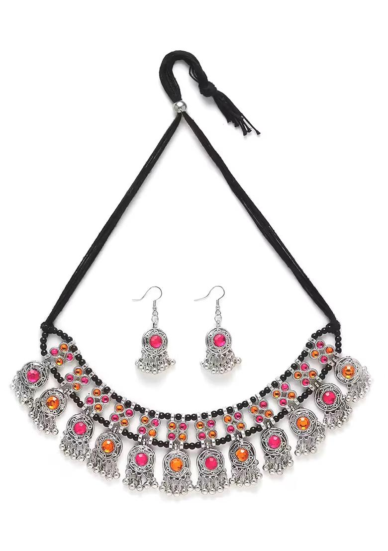 Pink Orange Round Bindi Choker Set