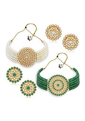 White And Green Big Round Pendant Choker Combo