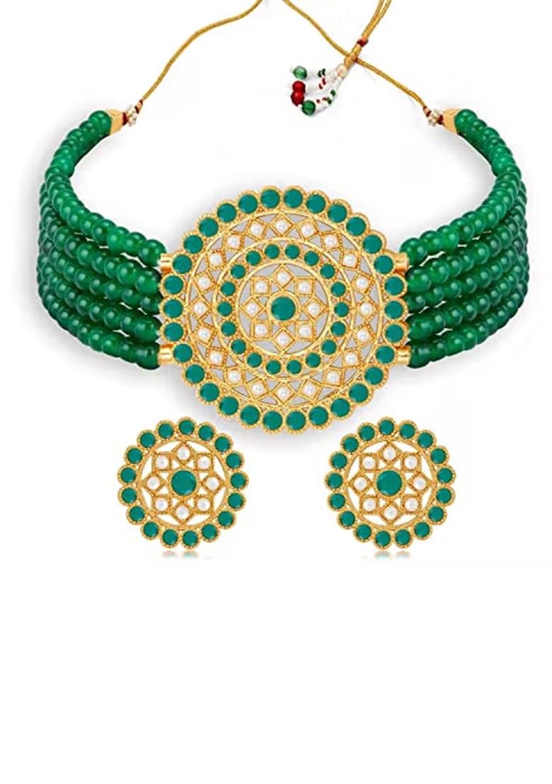 White And Green Big Round Pendant Choker Combo