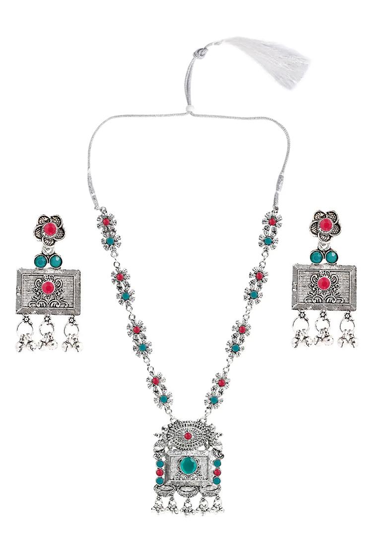 Gs Maroon Green Square Long Necklace Set