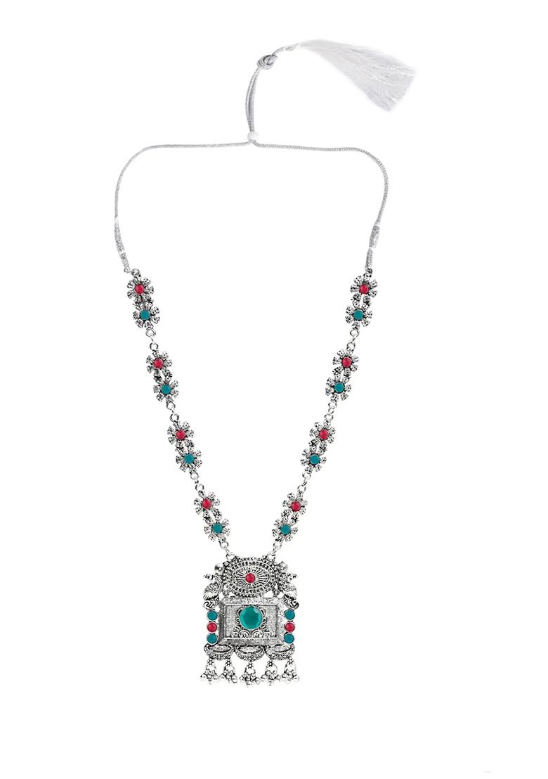 Gs Maroon Green Square Long Necklace Set