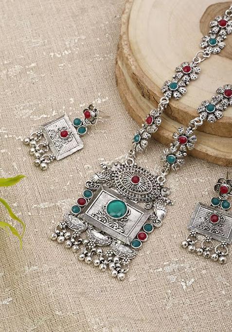 Gs Maroon Green Square Long Necklace Set