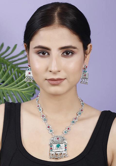 Gs Maroon Green Square Long Necklace Set