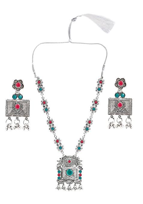 Gs Maroon Green Square Long Necklace Set