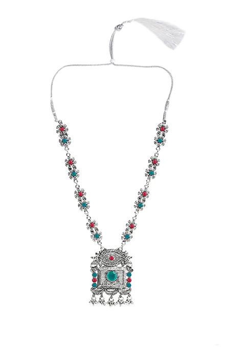 Gs Maroon Green Square Long Necklace Set