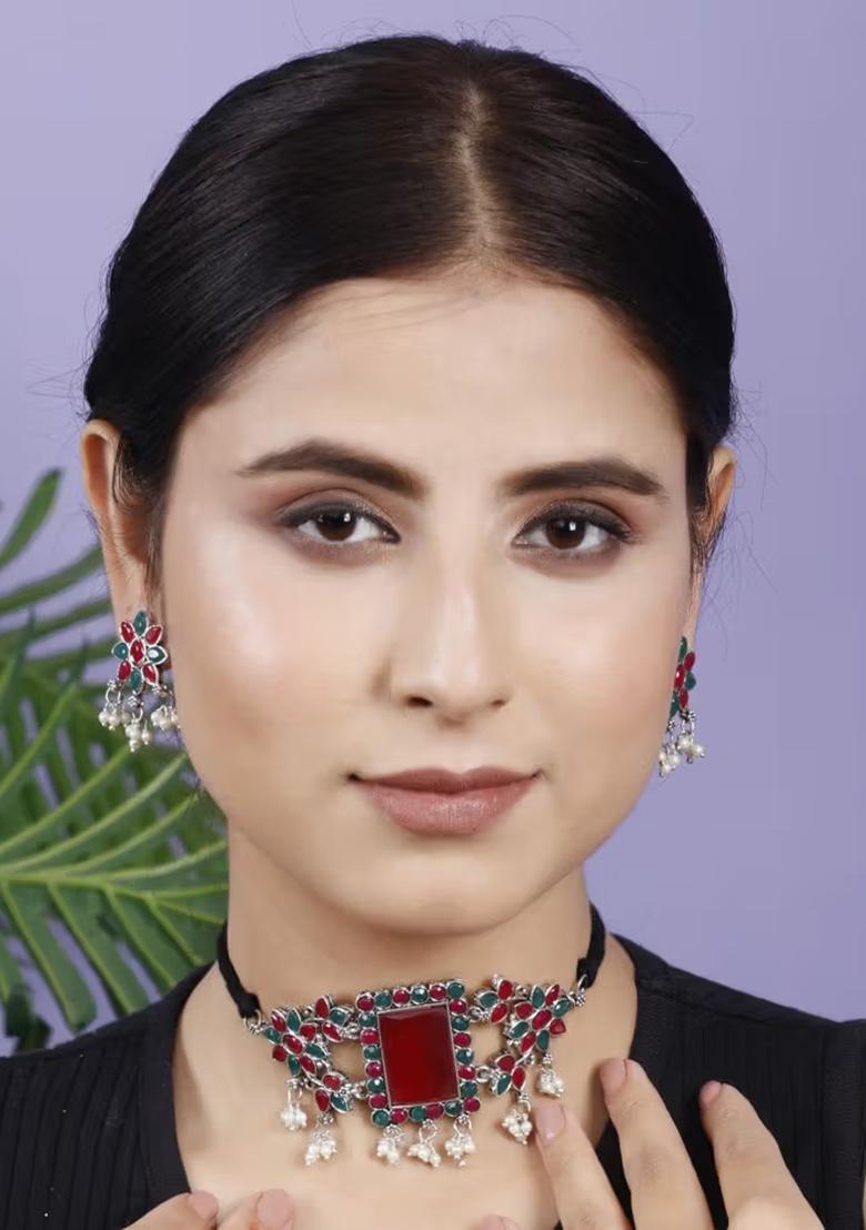 Maroon Green Big Rectangle Stone Choker Set