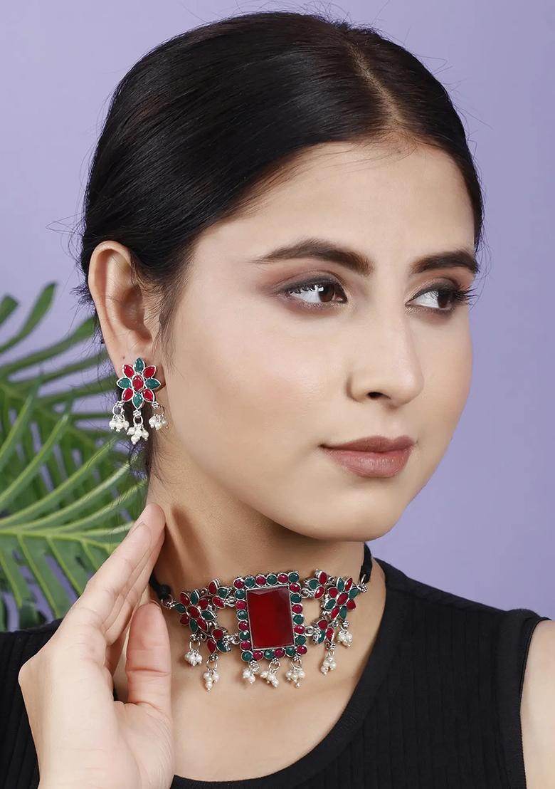 Maroon Green Big Rectangle Stone Choker Set