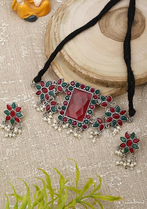 Maroon Green Big Rectangle Stone Choker Set