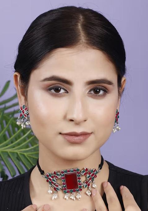 Maroon Green Big Rectangle Stone Choker Set