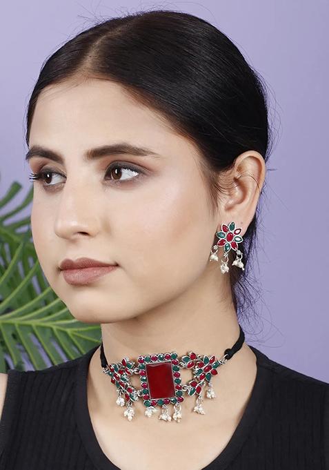 Maroon Green Big Rectangle Stone Choker Set
