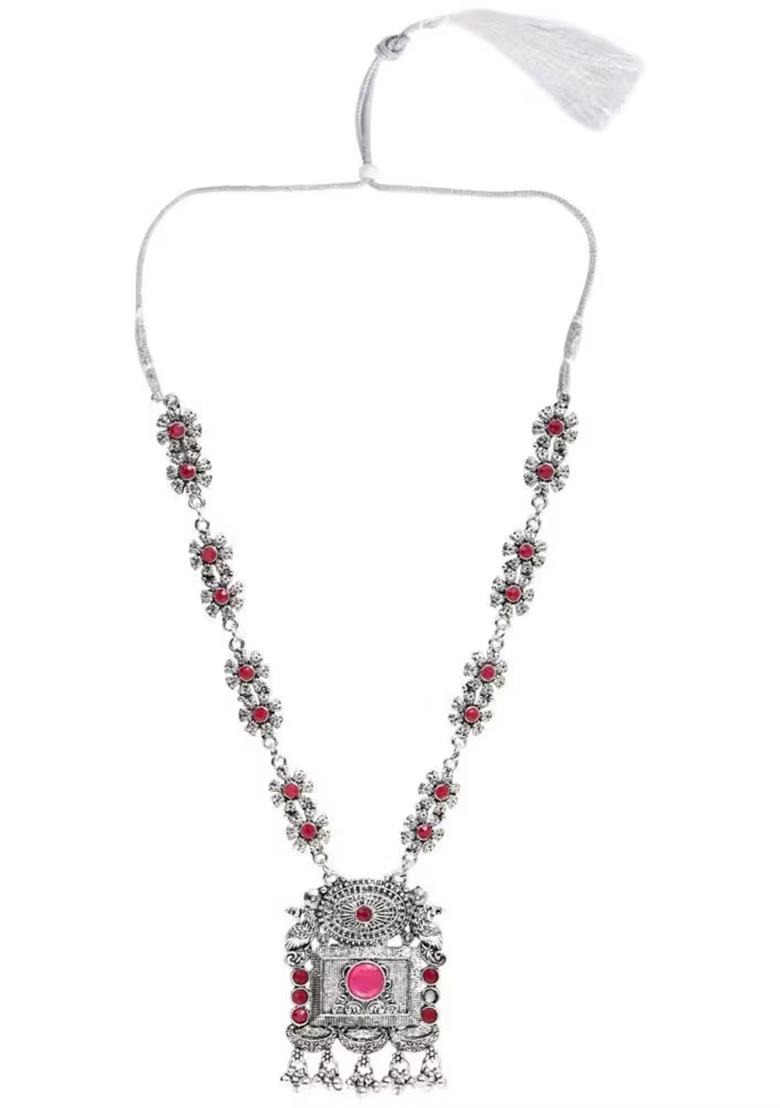 Gs Maroon Square Long Necklace Set
