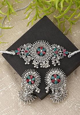 Gs Maroon Green Flower Choker