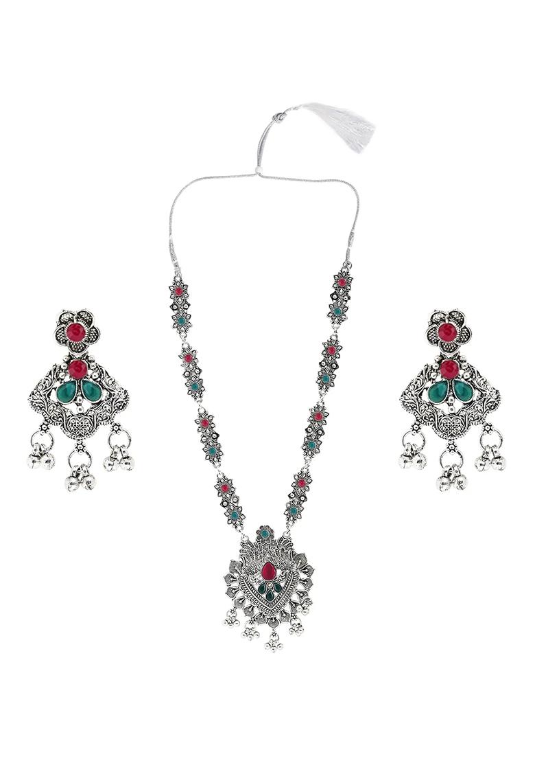 Gs Maroon Green V Long Necklace Set
