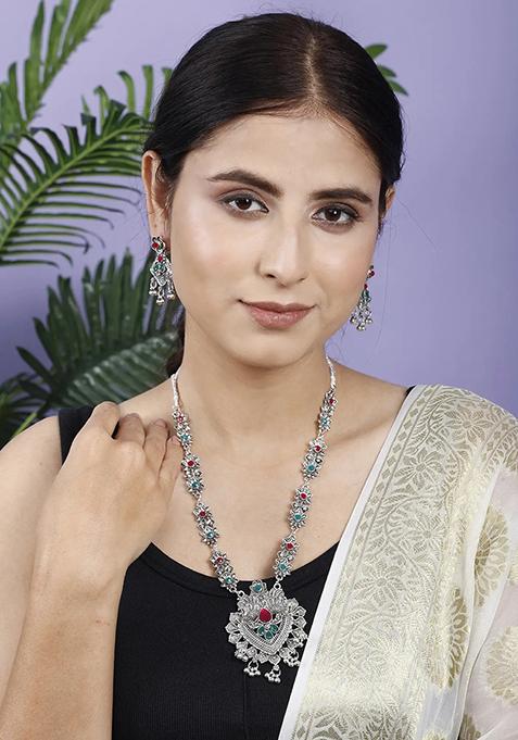 Gs Maroon Green V Long Necklace Set