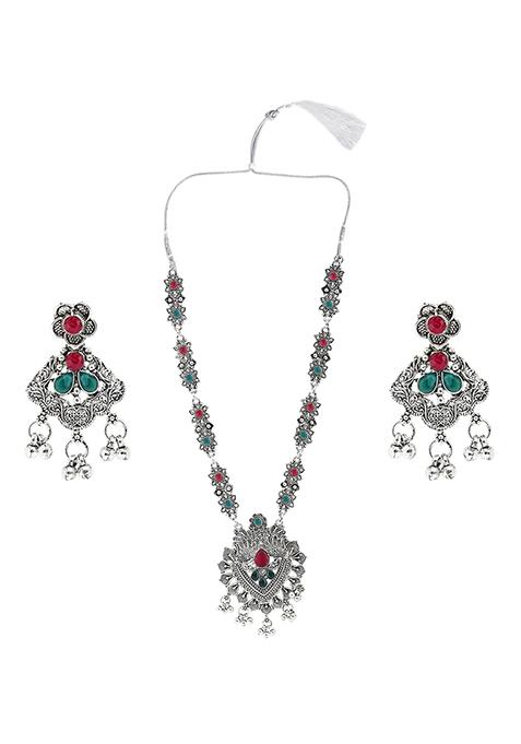 Gs Maroon Green V Long Necklace Set