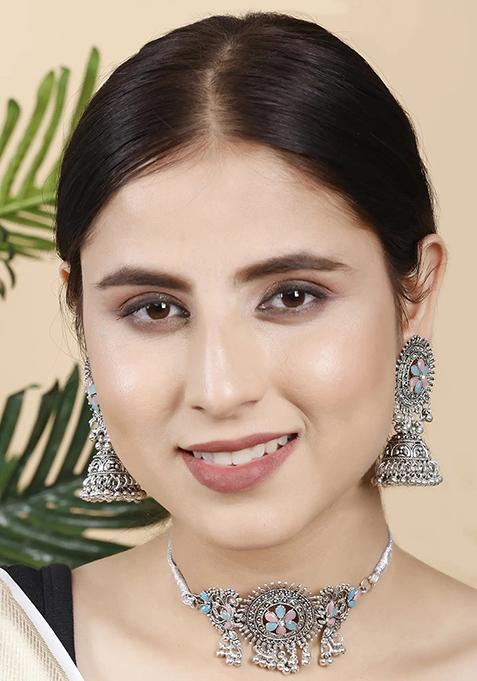 Gs Blue Pink Flower Choker