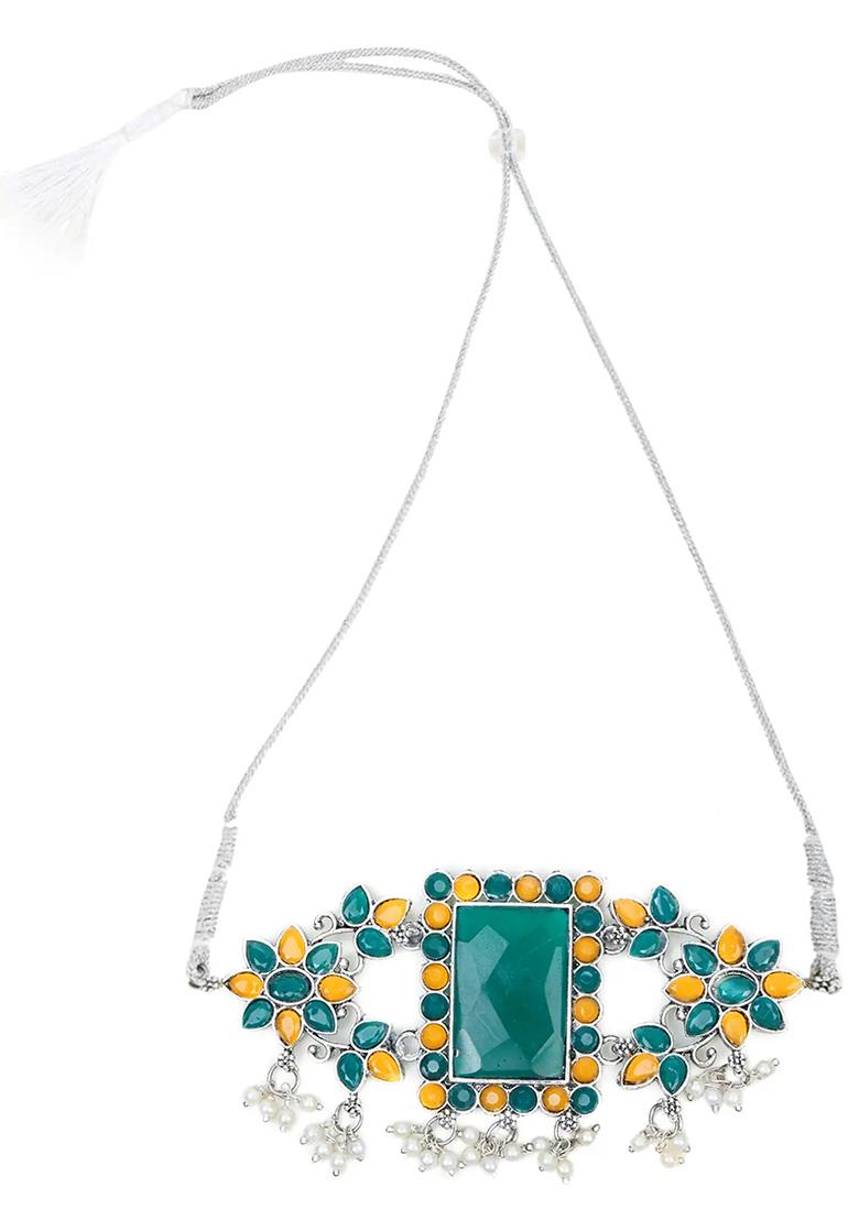 Green Yellow Big Stone Rectangle Choker
