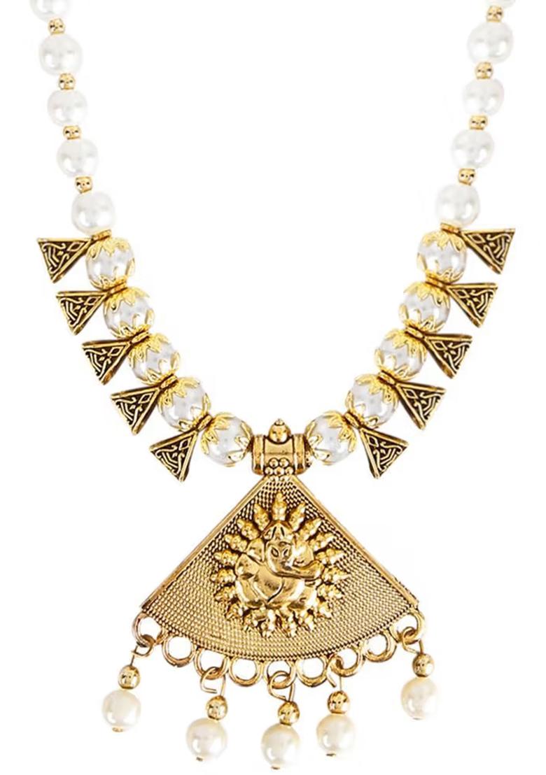 White And Triangle Beads Triangle Ganesh Pendant Necklace Set