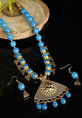 Blue And Triangle Beads Triangle Ganesh Pendant Necklace Set
