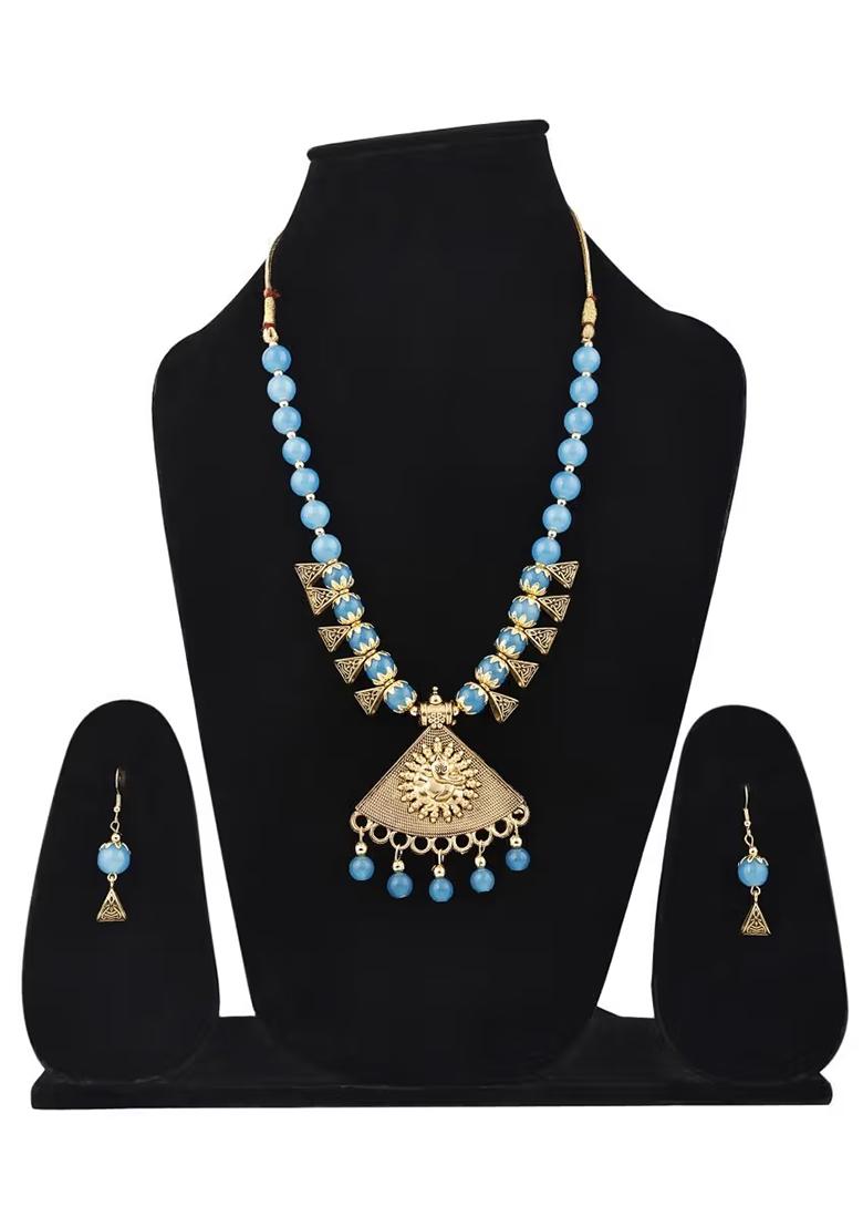 Blue And Triangle Beads Triangle Ganesh Pendant Necklace Set