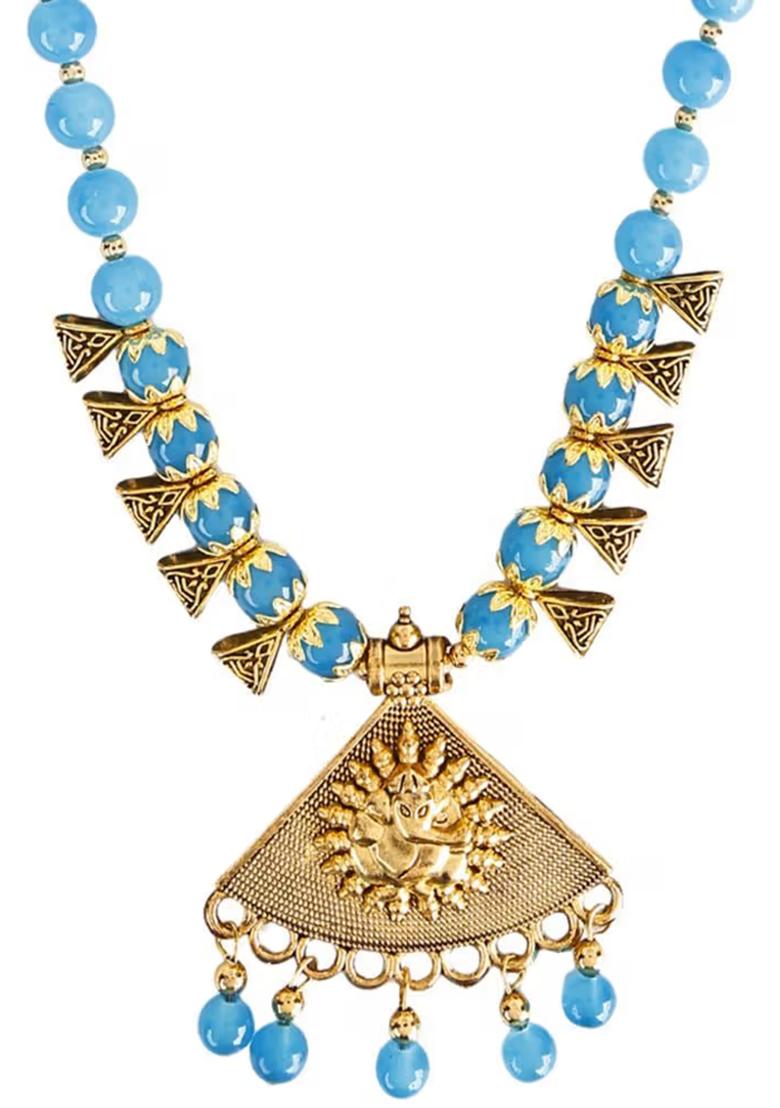 Blue And Triangle Beads Triangle Ganesh Pendant Necklace Set