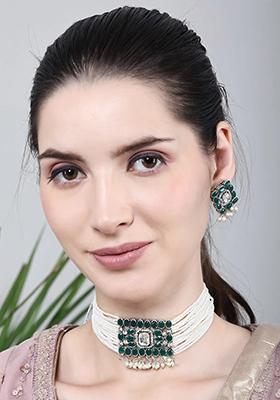 Green Oval Stone Rectangle Pendant Necklace Set White Beads