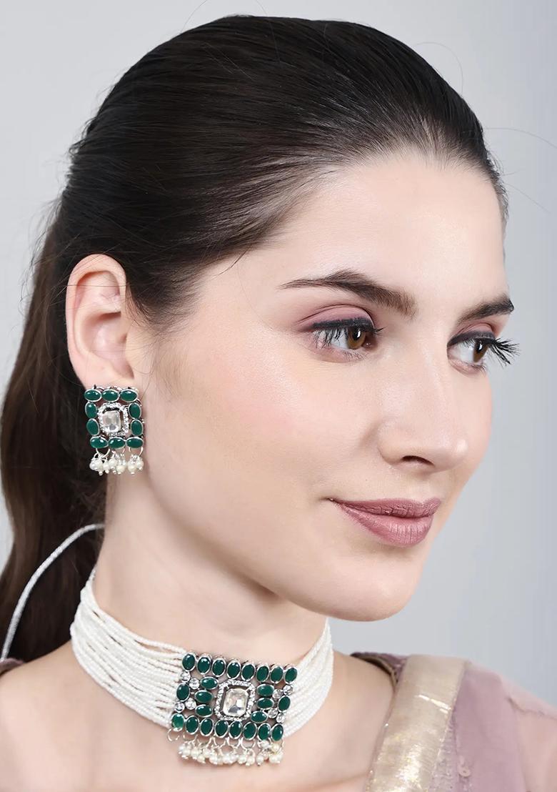 Green Oval Stone Rectangle Pendant Necklace Set White Beads