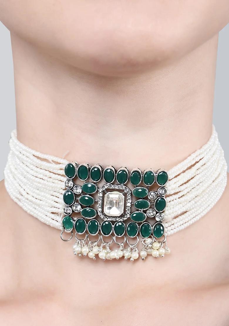 Green Oval Stone Rectangle Pendant Necklace Set White Beads