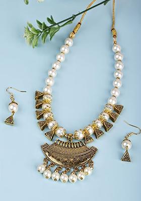 White Golden Triangle Beads Long Moon Pendant Necklace Set