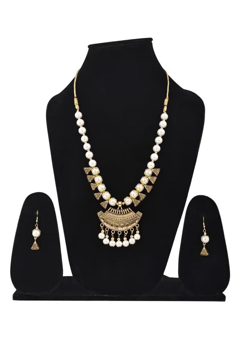 White Golden Triangle Beads Long Moon Pendant Necklace Set