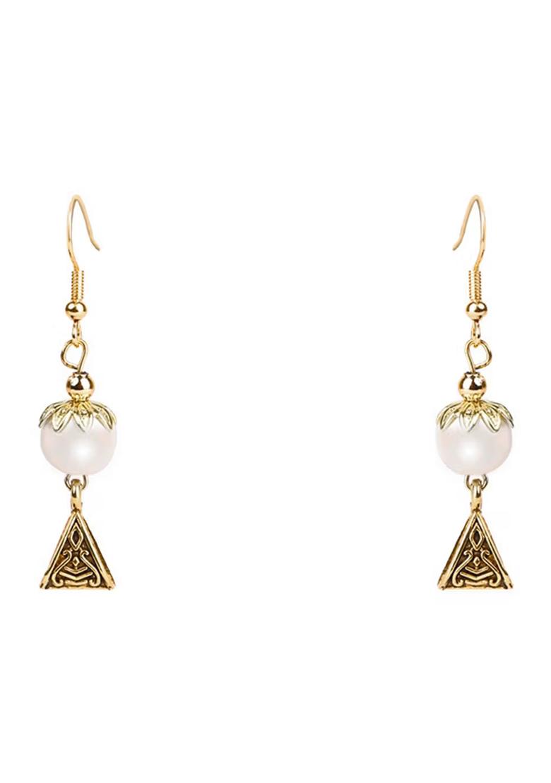 White Golden Triangle Beads Long Moon Pendant Necklace Set