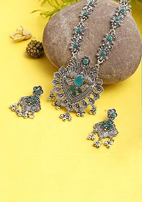 Green Stone V Long And Leaf Choker Combo