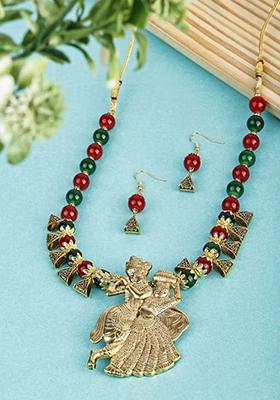 Maroon Green Triangle Beads Radha Krishna Pendant Necklace Set