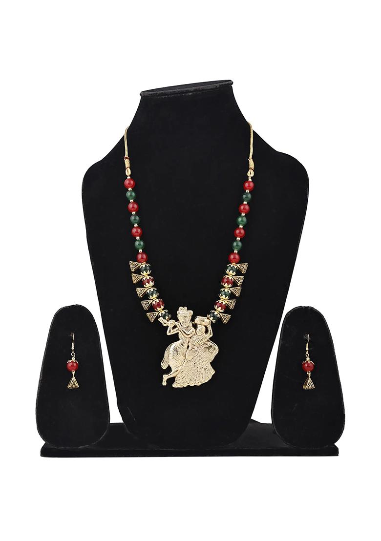 Maroon Green Triangle Beads Radha Krishna Pendant Necklace Set