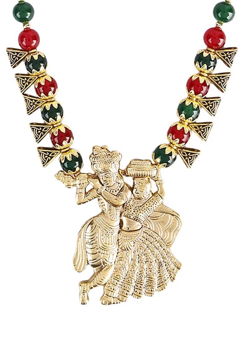 Maroon Green Triangle Beads Radha Krishna Pendant Necklace Set