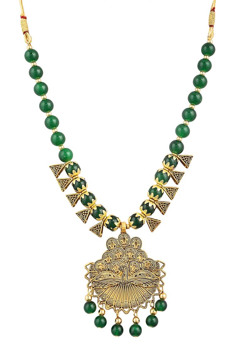 Green And Triangle Beads Dancing Peacock Pendant Necklace Set