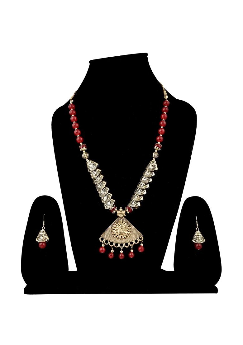 Red And Samosa Beads Triangle Ganesh Pendant Necklace Set