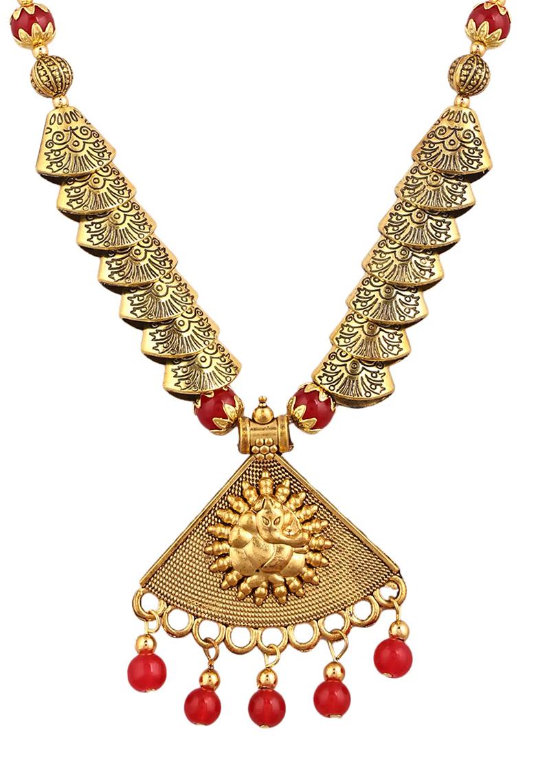 Red And Samosa Beads Triangle Ganesh Pendant Necklace Set