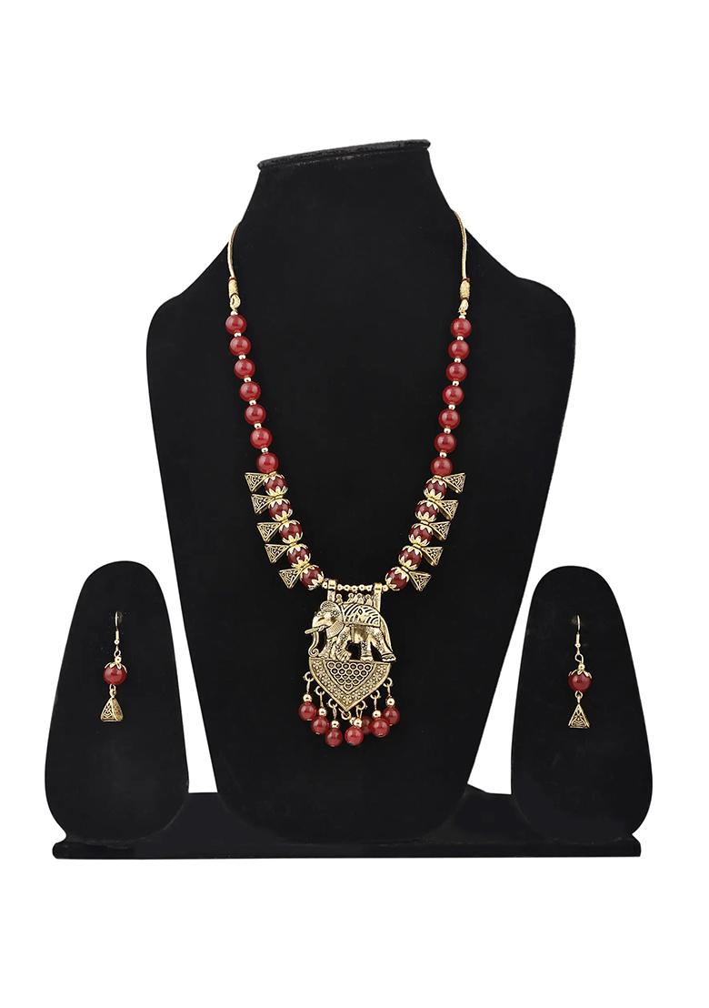 Red And Triangle Beads Elephant Pendant Necklace Set