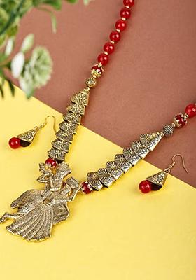 Red And Samosa Beads Radha Krishna Pendant Necklace Set