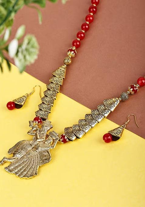 Red And Samosa Beads Radha Krishna Pendant Necklace Set