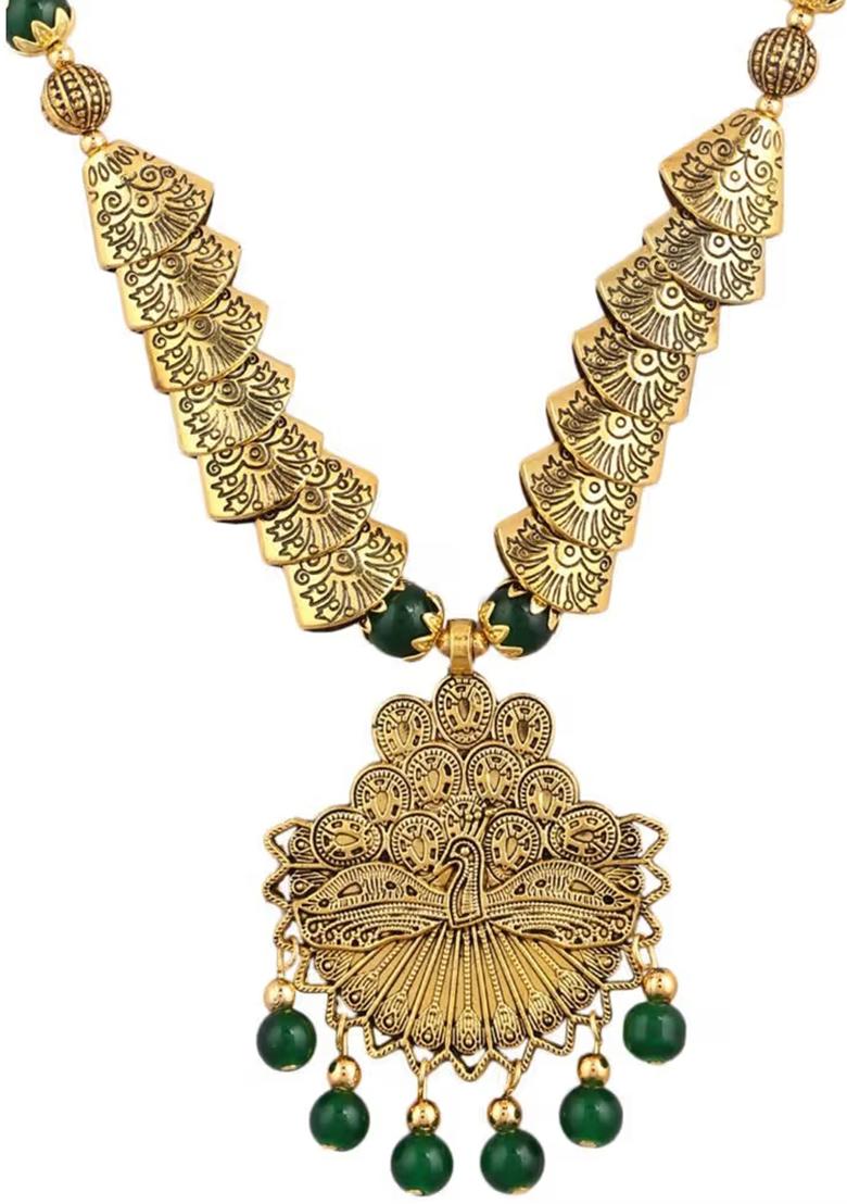 Green And Golden Samosa Dancing Peacock Pendant Necklace Set