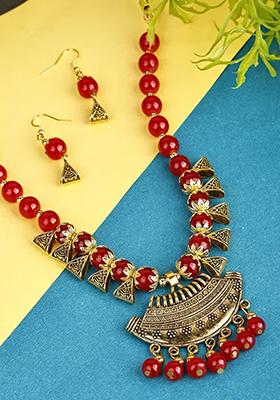 Red Golden Triangle Beads Long Moon Pendant Necklace Set